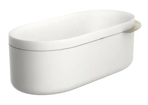 Weißes, ovales Waschbecken oder Badewanne von AXOR mit glatter Oberfläche und einer Ablage aus poliertem Nickel an der Seite.